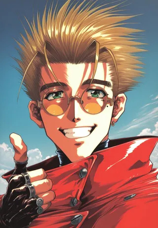 Close-up portrait of Vash with spiky yellow hair wearing yellow round glasses and a red cape, smiling and giving a thumbs up against a blue sky.