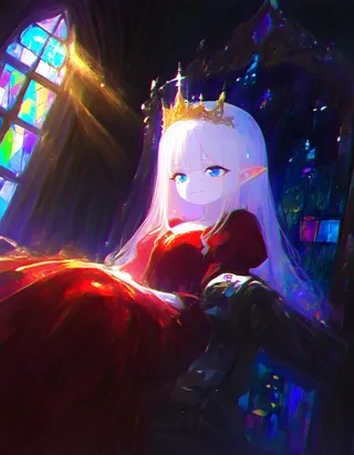 A princess with white hair and blue eyes wearing a red dress and golden crown, sitting on a throne inside a castle with colorful stained glass windows and radiant light rays.