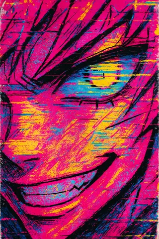 Close-up of an anime character's face featuring a glitching neon yellow eye and a smirking mouth, with vibrant hot pink, chrome yellow, and cobalt graffiti textures accented by pixelated overlays and manga-style speed lines.