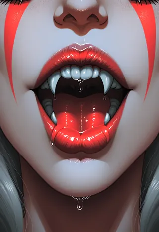 Close-up of vampire lips coated in bloodred gloss with prominent fangs and dripping saliva against a neutral gray background, featuring subtle stitching near the mouth.