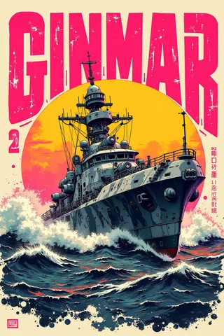 A manga-style poster featuring a sleek military gunboat in camouflage grays and blacks rapidly traversing choppy ocean waves at sunset, with bold pink typography and a vibrant neon gradient background.