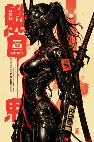 A hyper-detailed inksplash art portrait of a sexy Asian female cyberpunk samurai wearing reflective black and neon red armor, with a helmet featuring a mirrored visor, katana strapped to her back, flowing black hair, and an abstract eastern temple background.