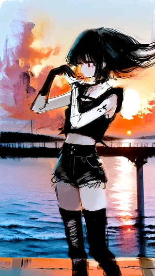 A digital painting of a girl wearing a black crop top, high-waist shorts, and thigh highs standing on a bridge during a vibrant sunset over the ocean, with her hair flowing and hands posed symmetrically.