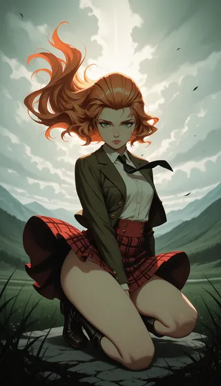 A girl with flowing ginger hair, green eyes, and a Scotland-inspired outfit kneeling in a green meadow with a cloudy sky background, styled in arcane art style.