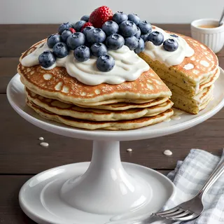 Stack of fluffy Greek yogurt pancakes topped with whipped cream and fresh blueberries on a white pedestal plate with a fork and cup in the background