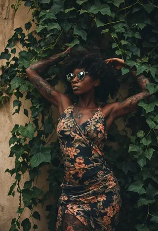 Dark-skinned woman with tattoos wearing a floral dress and sunglasses, standing against a wall covered with green ivy vines, under soft earth-toned light.