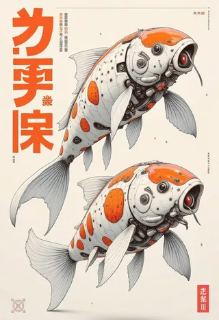 Japanese manga-style poster featuring two photorealistic biomechanical koi fish in white and orange hues with digital fiber-optic scales, arranged vertically.