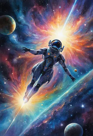 Cybernetic astronaut floating in outer space surrounded by vibrant cosmic explosions, planets, and a colorful energy field in a watercolor painting style.