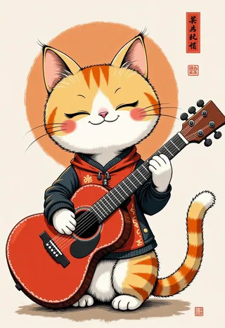 An illustration of an orange tabby cat smiling happily while playing a red guitar, drawn in a Chinese ink painting comic style.