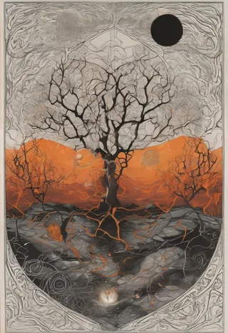 Intricate artwork of a mystical leafless tree with twisting branches under a black sun, set against an orange landscape with granite stones and ethereal patterns.