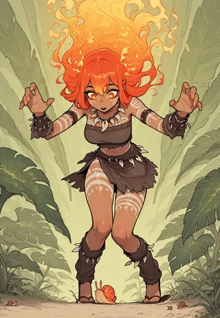A young tribal woman with flaming red hair and orange eyes sliding down huge monstera leaves, decorated with white tribal body paint and bone accessories, observing a large snail on the ground.