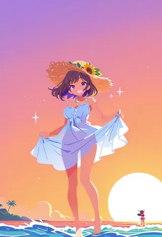 Illustration of a summer girl wearing a sunflower crown and flowing sundress, walking barefoot on the beach with waves and a warm sunset in the background