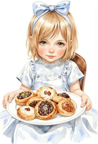 A watercolor painting of a cute blonde girl with a blue headband and dress holding a white tray of round pastries while sitting on a chair, facing the viewer.