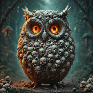 A fantasy owl creature made from numerous skulls with bright fiery orange eyes stands amid a dark, mystical forest.
