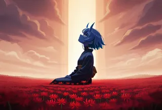 A sad, serene blue cybernetic oni woman with horns wearing a wire kimono sits in a vast field of vibrant red spider lilies, looking up with tears under a dreamlike sky.