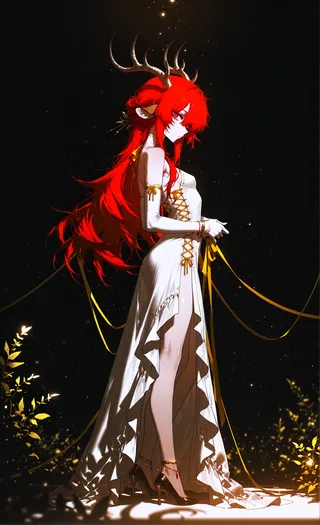 A red-haired female character with deer antlers and ears, wearing an elegant white dress with golden ribbons, standing against a dark background with glowing particles.