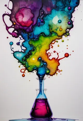 Vibrant alcohol ink painting titled Mad Science by Chris Moore showing a chemical flask with colorful fluid ink flowing upwards in abstract patterns