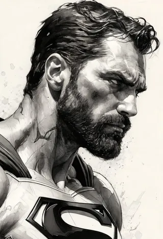 A hyper-detailed black and white ink sketch of a bearded Superman in side view, looking down sadly with a mature, rugged appearance and watercolor shading.