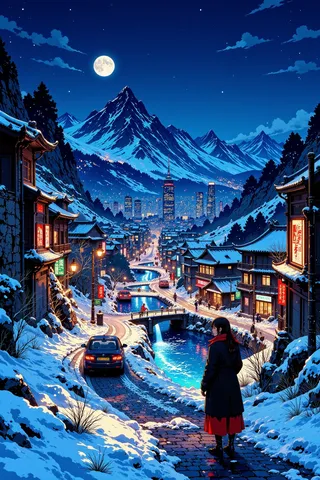 A luminous frozen city landscape at night featuring a snowy village with traditional Chinese-style buildings, a river running through, towering snow-covered mountains, and a full moon, with a woman standing by the roadside.