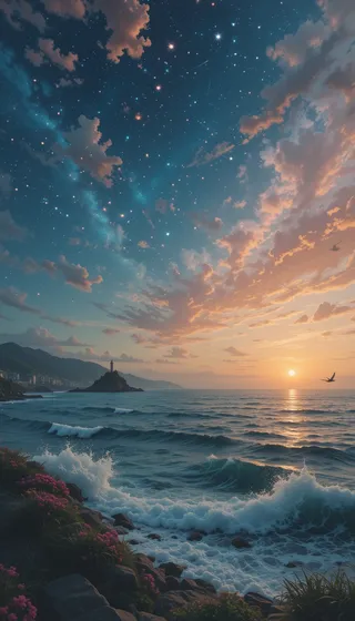 A serene coastal seascape at sunset with waves crashing against rocky shores, a lighthouse silhouette on a small hill, birds flying, and a star-filled twilight sky with scattered clouds.