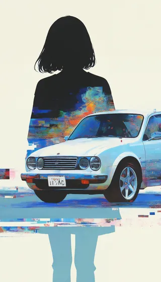 White vintage car parked in front of an abstract glitch-style silhouette of a person with colorful painterly effects blending the two elements.