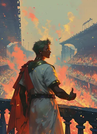 Ein römischer Kaiser in einer weißen Toga mit einem roten Gürtel steht auf einem großen Balkon mit Blick auf eine feurige Arena und zeigt mit selbstbewusstem Gesichtsausdruck einen Daumen nach oben.