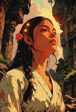 Portrait of a young woman with braided dark hair and freckles, wearing a white linen robe, meditating peacefully among ancient temple ruins during warm sunlight.