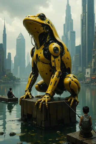 Photo-realistic mechanical frog with yellow and black spots sitting on a wooden post by water, with children fishing and a modern city skyline in the background under a cloudy sky.