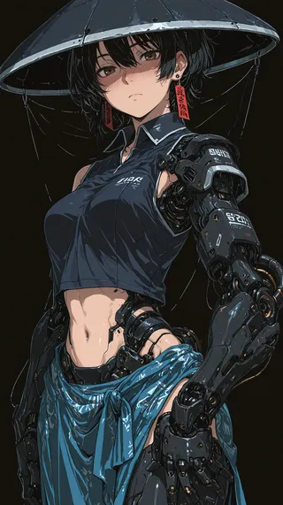 Anime-style cyborg girl with short black hair wearing a blue sleeveless cropped shirt, a blue sarong, and a large blue jingasa hat, featuring detailed mechanical arms and robotic limbs.
