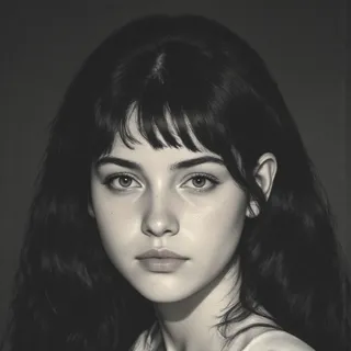 Monochrome detailed portrait of a young woman with long black hair and bangs, showing a calm and melancholic expression.