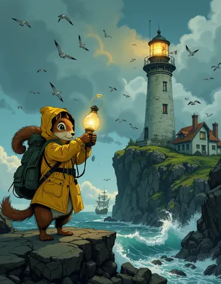 A tiny squirrel wearing a bright yellow raincoat holds an oil lamp on a rocky coast near a lighthouse with seagulls flying overhead and a ship sailing in the distance.