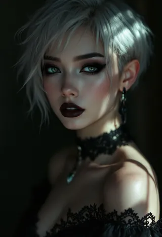 Close-up photorealistic portrait of a young Asian woman with short silver hair, pale porcelain skin, bold gothic makeup, and a lace choker, illuminated dramatically against a dark silhouette background.
