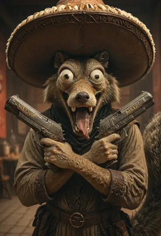Scrat 角色的寫實描繪，眼睛凸出且長鼻，戴著巨大的墨西哥草帽，手持交叉雙手槍，場景在墨西哥餐廳內。