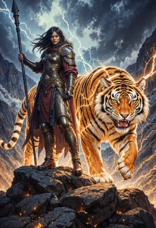 A fierce warrior clad in metallic armor etched with glowing runes stands on a rocky mountainside under a stormy sky with lightning. Beside her prowls a massive tiger crackling with electric energy and glowing stripes.