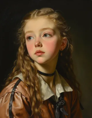 Oil painting portrait of a young girl with blond hair and blue eyes in Rembrandt style featuring warm lighting and gothic tones.
