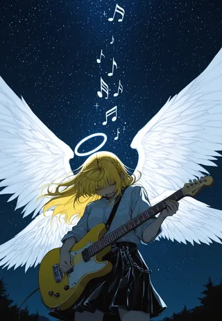 Angel girl with large white wings and halo playing yellow electric guitar under a starry night sky with musical notes rising above.