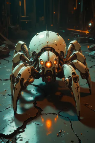 Mechanical spider with a glossy white exoskeleton and glowing orange eyes standing on a cracked floor, illuminated by soft, diffused lighting with intricate shadows and metallic reflections.