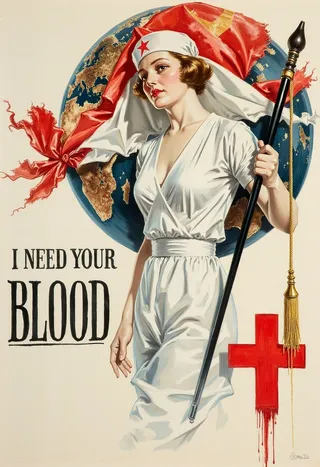 A porcelain-skinned vampire nurse in a starched white uniform, holding a black staff with a gold tassel, stands before a weathered globe with a frayed red flag and a dripping red cross, accompanied by text reading 'I NEED YOUR BLOOD'.