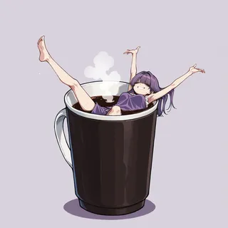 Anime-style illustration of a miniature woman with short purple hair in a frilly purple swimsuit, floating happily in a huge coffee cup with steam rising.