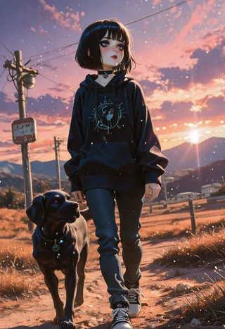 A young doomer girl with short black bob hair and black hoodie walking a black dog on a dirt road during an autumn sunset with orange and purple clouds in an eastern European suburban setting.