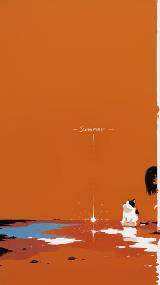 A minimalistic summer scene with an orange background, showing a black and white cat sitting near a reflective puddle and a girl with black hair peeking from behind a wall.