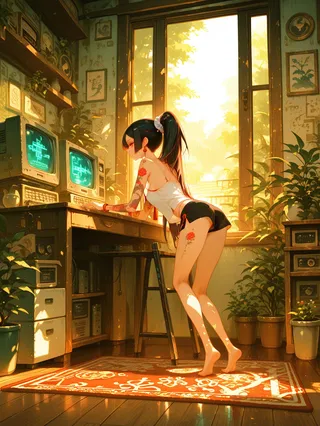 A tattooed girl with long black ponytail is leaning on a wooden desk with retro computers in a sunlit room filled with many potted plants and warm sunlight coming through large windows.