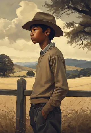 Detailed charcoal-style digital painting of a boy wearing a wide-brim hat and knit sweater standing beside a rustic fence in a pastoral field under an overcast sky.