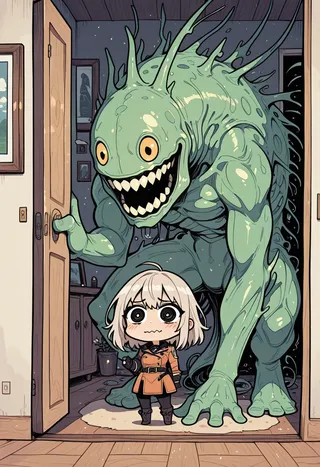 Chibi girl with short white hair and orange coat stands nervously in front of a large green smiling monster inside a living room, drawn with thick linework and Rapscallion style.
