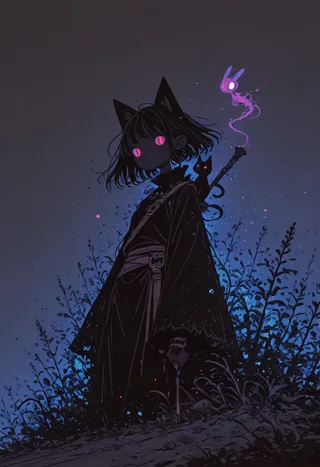 Flat vector illustration of a mighty witch with cat on her shoulder glowing pink eyes, standing in ominous dark space with particle effects and flat lighting