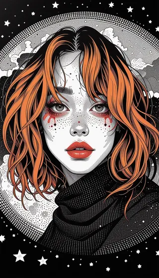 Abstract digital portrait of a red-haired woman with freckles and red makeup around her eyes against a black starry background.