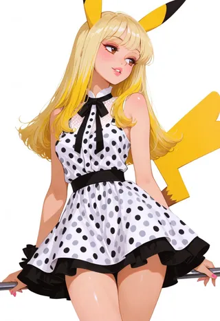 Anthropomorphized Pikachu character as a stylish young woman wearing a sleeveless white dress with black polka dots and black trim, yellow ears and tail, blonde hair, and a seductive pose.