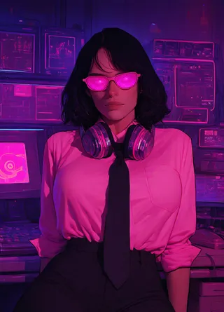 Illustration of a cyberpunk girl with dark hair wearing pink-tinted glasses and headphones, sitting in front of retro computer consoles illuminated by blue and purple neon lights.