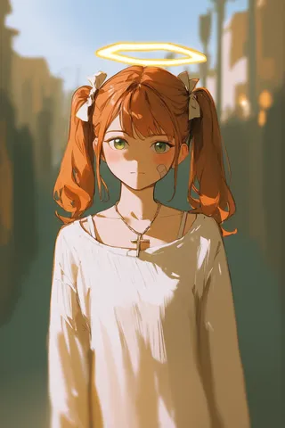 Portrait of an angel girl with twintails, green eyes, a glowing halo, and bandages on her face, wearing a white oversized sweater and a cross necklace, standing in a dark street scenery with blurred background.