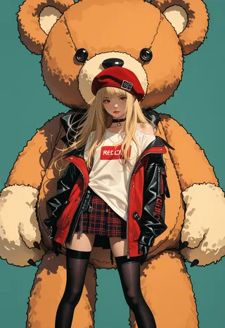 A blonde girl wearing a red beret, plaid skirt, black thighhigh stockings, and a red and black leather jacket stands confidently in front of a large teddy bear with a red beanie, set against a teal background.